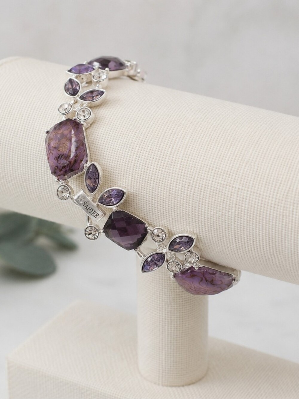 Napier Purple Crystal Non-Stretch Bracelet Silver Tone Statement Jewelry NWOT